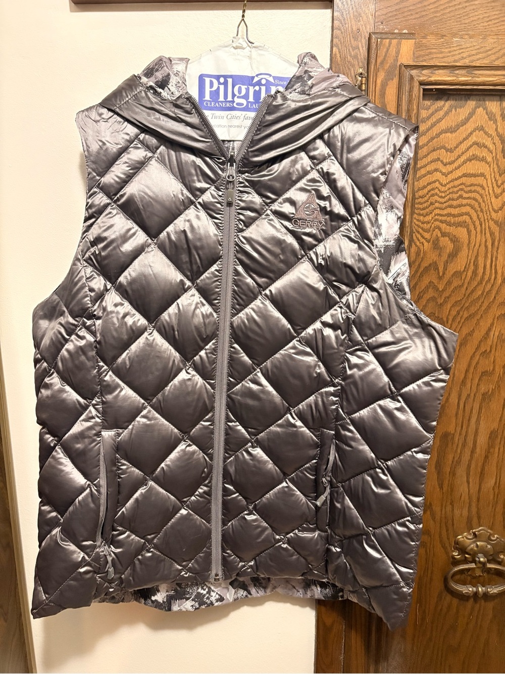 Reversible and Packable, Metallic Gray, Quilted Hooded Puffer Vest
